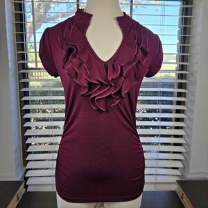 Heart Soul Maroon Ruffle V-Neck Blouse Puff Sleeve Medium